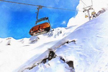 Fototapeta na wymiar Beautiful winter mountain landscape at ski resort with elevato