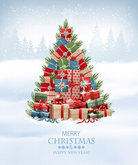 Merry Christmas and New Year holiday background with presents, christmas tree made out of gift boxes and winter landscape. Vector.