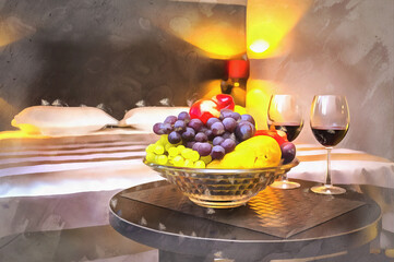 Still-life with fruits, bottles of wine and wine glasses