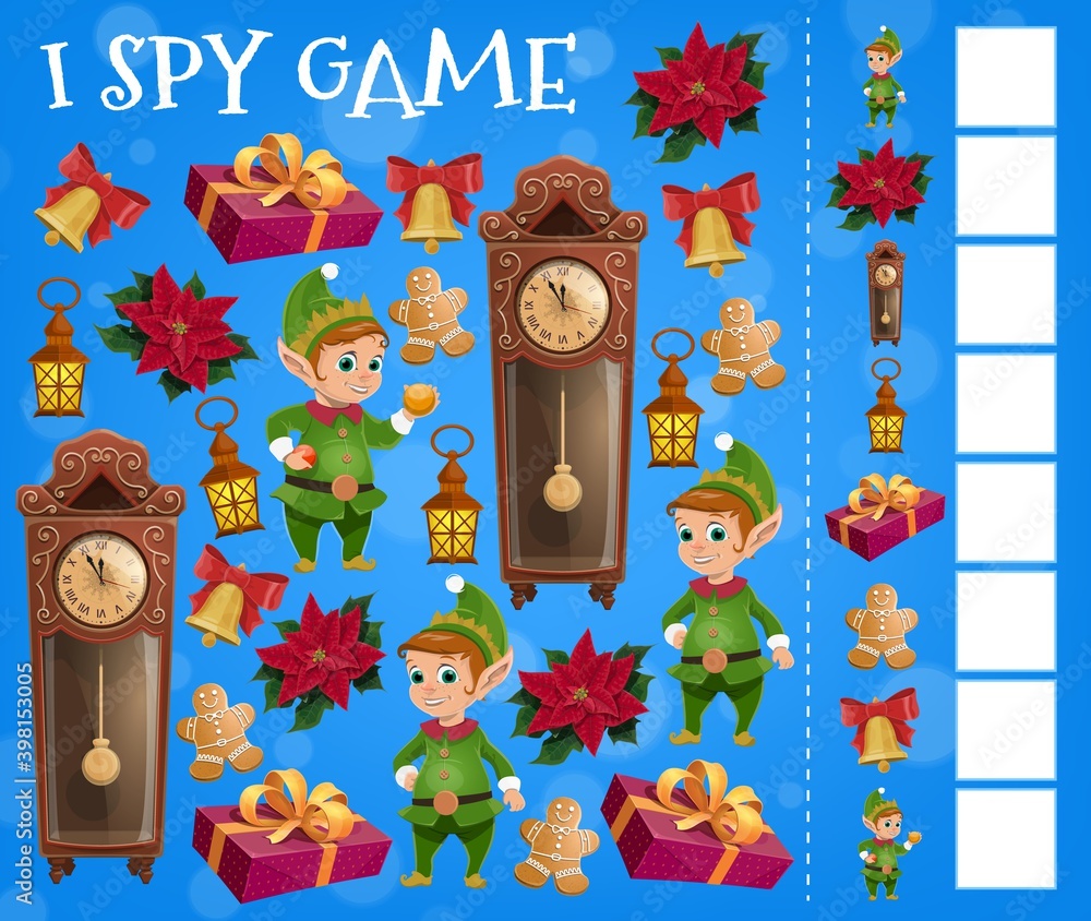 Poster christmas i spy game vector template with cartoon xmas elves and gits. children education find and c