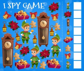 Christmas I spy game vector template with cartoon Xmas elves and gits. Children education find and count game, puzzle or riddle with Christmas present box, bell, gingerbread man and red ribbon bow