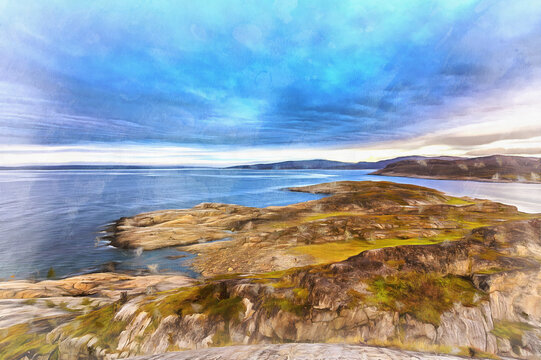Beautiful seascape at Barents sea colorful painting