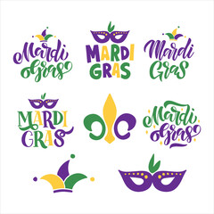Mardi Gras traditional carnival. Fat Tuesday vector illustration. Hand drawn lettering set isolated on white background. Fleur de Lis symbol. For sticker, poster, banner, greeting card, T-shirt print © Alena Koval