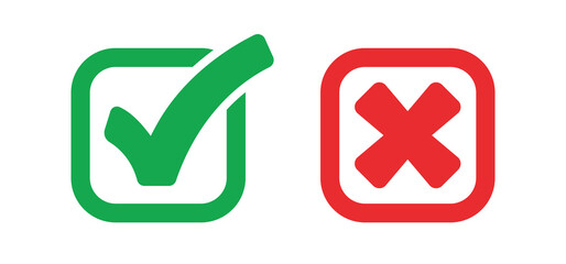 Check mark icons. Green tick and red x. Approval and decline symbols.