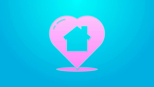 Pink line House with heart shape icon isolated on blue background. Love home symbol. Family, real estate and realty. 4K Video motion graphic animation
