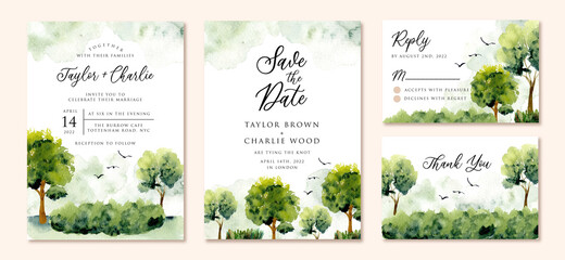 wedding invitation set with green landscape watercolor