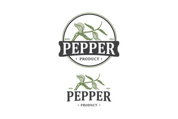 Pepper logo organic seasoning, green leaf fresh product. Lofo for pepper farm, pepper product, farming industrial.