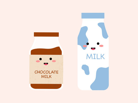 Collection of Cute cartoon chocolate and regular milk bottle characters. Kids kawaii food fresh milk with smiling face. Isolated vector clip art illustration set. Happy World milk day concept.
