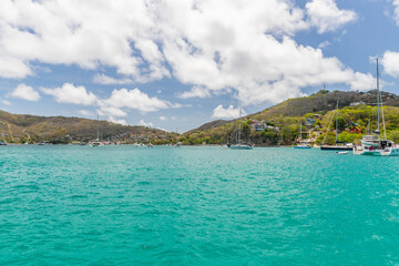 Saint Vincent and the Grenadines,Wide angle view of  Princess Margaret bay and Lower bay with hills in the background, Bequia, Saint Vincent and the Grenadines