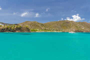 Saint Vincent and the Grenadines,Wide angle view of  Princess Margaret bay and Lower bay with hills in the background, Bequia, Saint Vincent and the Grenadines