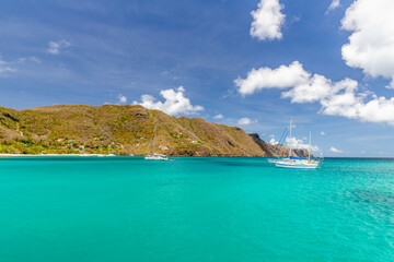 Saint Vincent and the Grenadines,Wide angle view of  Princess Margaret bay and Lower bay with hills...