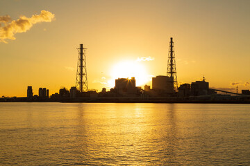 夕焼け，工場夜景