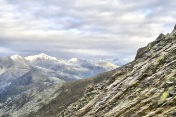 Beautiful mountain landscape at Polar Urals colorful painting looks like picture.
