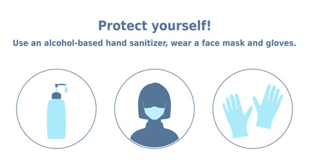 Vector illustration 'Protect yourself! Use an alcohol-based hand sanitizer, wear a face mask and gloves'. 3 icons set. Personal protective equipment items. Infographic for health posters and banners.