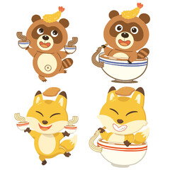 そばとうどんが大好きなたぬきとキツネのイラストセット。線なし。