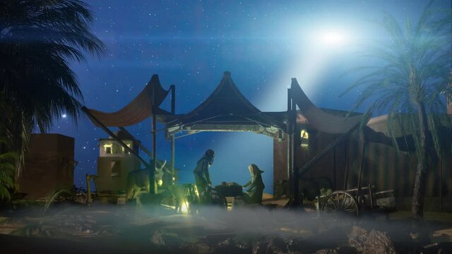 Nativity Of Jesus - Scene With The Holy Family With Comet, 3d render. Seamless 4K loop video animation