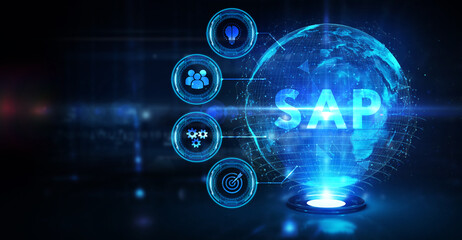 SAP System Software Automation concept on virtual screen data center. Business, modern technology, internet and networking concept.
