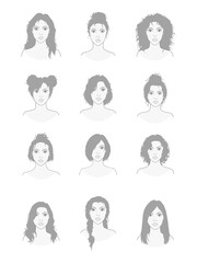 Vector set of twelve different hairstyles women. Sketch style illustration. Hand drawn. Isolated on white background.