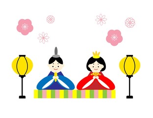 ひな人形とぼんぼりと桃の花のベクターイラスト
