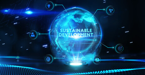 Obraz premium SUSTAINABLE DEVELOPMENT inscription, cloud technology concept. Business, Technology, Internet and network concept.