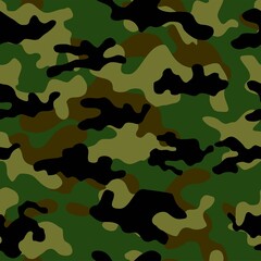 Camouflage pattern background vector. Classic clothing style masking camo repeat print. Virtual background for online conferences, online transmissions. Green brown black olive colors forest texture