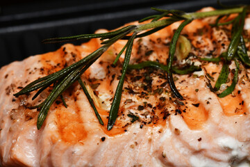 Grilled salmon with rosemary and garlic seasoning on a grill, holiday food, cooking fish and...
