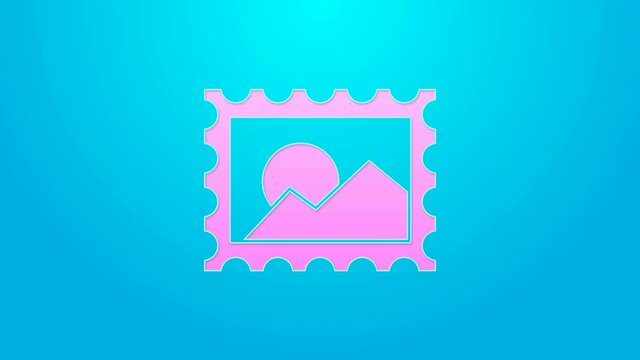 Pink line Postal stamp icon isolated on blue background. 4K Video motion graphic animation