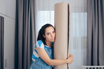 Sad Tired Woman Holding a New Carpet in Nursery Room