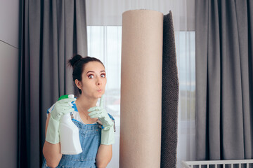 Fototapeta na wymiar Woman Holding a Cleaning Spray Solution for Carpet Use