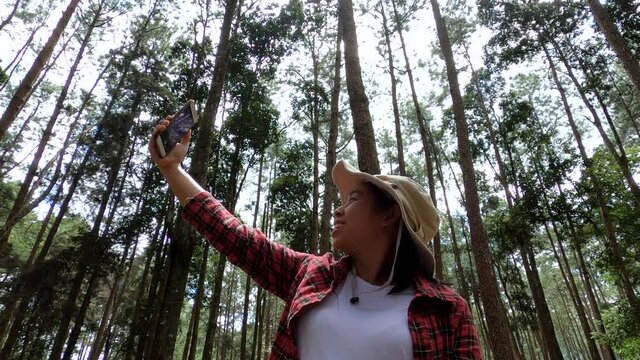 Women hikers holding a smartphones take pictures of beautiful nature views in the national park. Travelling and vacation concept.