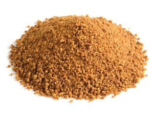 Closeup on a heap of Coconut Sugar. Isolated on White. Dehydrated Sap of the Coconut Palm Tree.