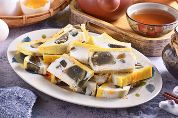 Sliced three-color eggs on the plate