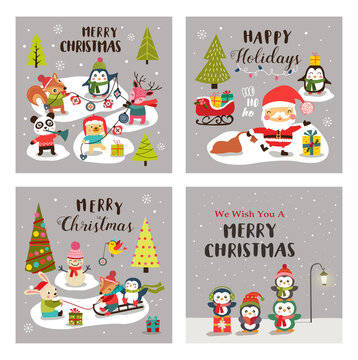 Set of vector Christmas background with Santa Claus and cute cartoon animals.