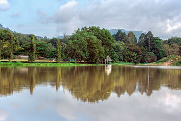 Fototapeta premium Beautiful landscape green tree and shadow on the river with blue sky clouds, Green mountain with blue sky clouds after rain