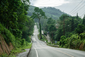 Beautiful green road in countryside, Landscape road with green forest, Main road on the mountain