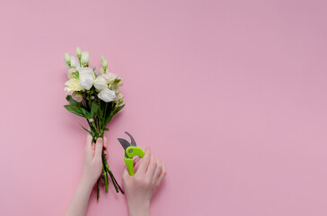 Female hands florist making a bouquet. Step by step instraction. Top horizontal view copyspace abstract pink background