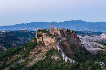 Aerial photography of the ancient city of Civita di Bagnoregio at dusk, Viterbo, Italy