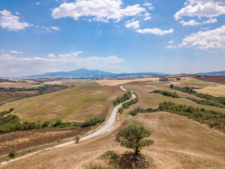 Aerial photography of the idyllic natural scenery with a curved path in Tuscany, Italy