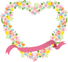 ハート型の水彩風花のフレーム