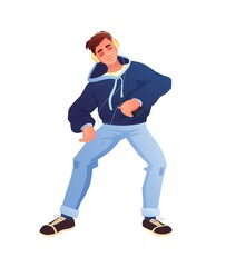 Fototapeta na wymiar Young man listening to music in headphones and dancing, enjoying. Cartoon vector illustration.