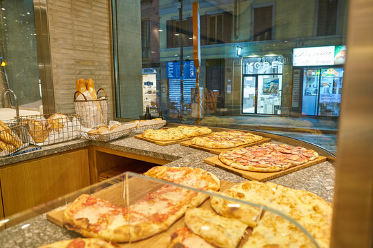 MILAN, ITALY - CIRCA NOVEMBER, 2017: food on display at Farini in Milan. Farini is modern bakery which offers Italian pastry, salads, bowls and pizza