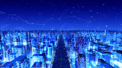Digital City Network Building Technology Communication Big data Business 3D illustration Background