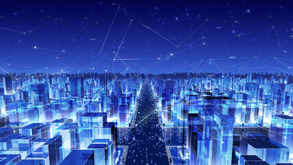 Digital City Network Building Technology Communication Big data Business 3D illustration Background