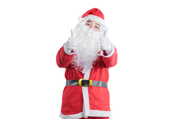 Asian man in Santa costume showing thumbs up standing