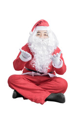 Asian man in Santa costume with open palm gesture sitting