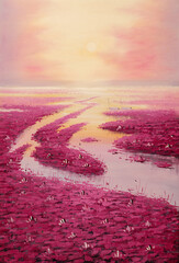 Oil painting decorative landscape. River at sunset with pink lotuses