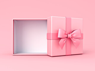 Blank pink pastel color present box or open gift box with pink ribbon and bow isolated on pink pastel color background with shadow minimal conceptual 3D rendering