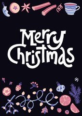 Modern lettering and flat hand drawn holiday decoration, fir branches, cones, gingerbread cookie, mistletoe, holly.