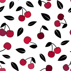 Dark pink cheerry and black leaves black oultine, seamless pattern, vector illustration over white background	
