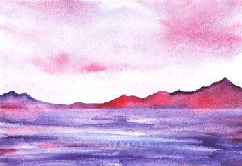 Abstract watercolor romantic landscape. Gentle lilac and pink sky reflecting in mountain lake and blurred mountain range. Hand drawn illustration of serene nature on textured paper
